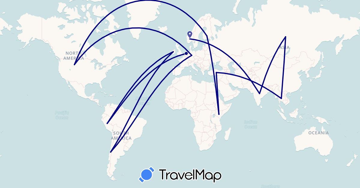 TravelMap itinerary: driving in Chile, Germany, Finland, Ireland, India, Kenya, Mongolia, Netherlands, Norway, Peru, Russia, Thailand, Turkey, United States (Africa, Asia, Europe, North America, South America)